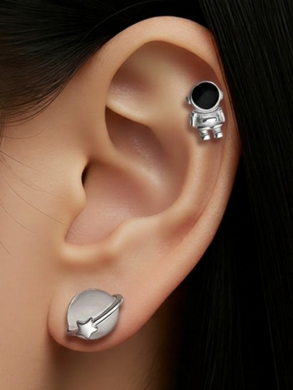 Astronaut Planet Stud Earrings Tiny Mismatched Space NASA Galaxy Silver Gift New
